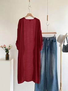 EMERY ROSE Plus Size Women's Solid Color Casual Versatile Daily Wear Long Sleeve Maxi Robe - Redwood - View 8