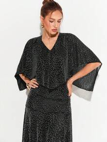 Barévion Women's Dress Slim A-Line Shimmer Leopard Jacquard V-Neck Cape Asymmetric Hem Pleated Elegant Mature Vintage Banquet Black And White Leopard Print - Silver - View 7