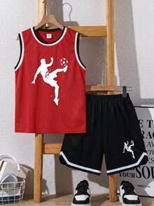 SHEIN 兒童 2 件組青少年男孩休閒寬鬆運動圖案上衣與短褲套裝，適合學校、日常休閒、運動，春夏季穿著 - 紅色 - 查看 4