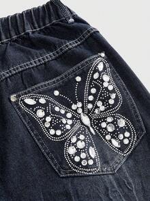 ROMWE Fairycore Plus Size Vintage Washed Butterfly Rhinestone Embellished Wide Leg Jeans - Blue - View 3