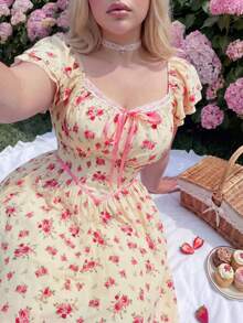 Lyrianda Plus Size Romantic Square Neck Waist Cinched A-Line Long Dress - Multicolor - View 5