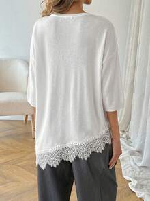 SHEIN LUNE 女款休閒蕾絲拼接夏季度假通勤日常基本款時尚外出短袖不對稱下擺針織上衣 - 杏色 - 查看 2