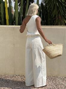 DAZY Women's Casual Solid Color Sleeveless Top And Jeans Pants Set, Spring/Summer - White - View 2