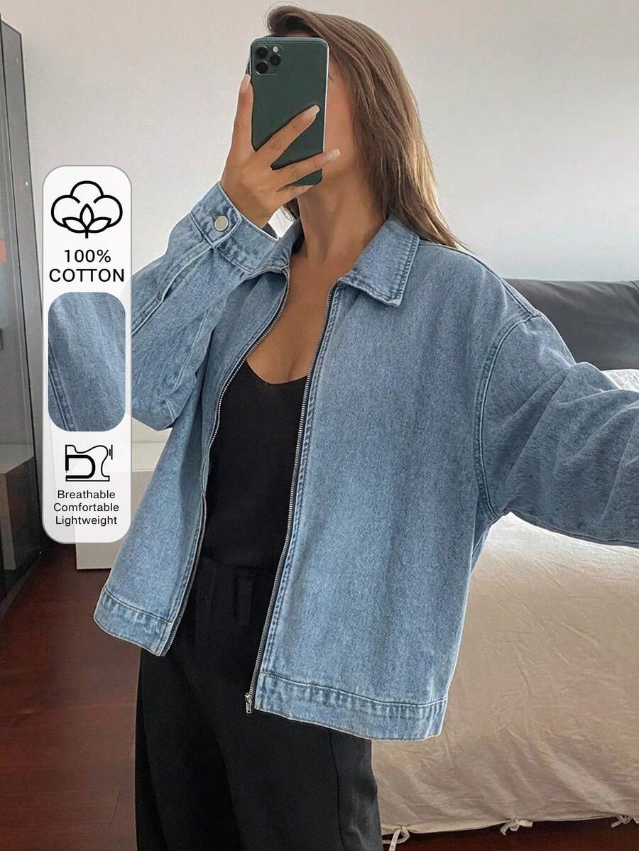 DAZY Women's Leopard Print Loose Casual Denim Jacket - Blue - View 1