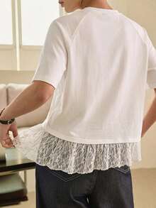 Dazy-Less Women's Lace Patchwork Solid Color Casual Round Neck Short Sleeve T-Shirt, Spring/Summer - White - View 2