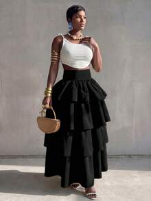 BamGlimmer Rok Panjang Wanita Warna Polos Pinggang Tinggi Berlapis-lapis dengan Rumbai, Warna Hitam, Elegan untuk Liburan Musim Gugur - Hitam - View 7