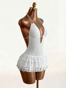 Zestiva Women's Lace Patchwork Solid Color Halter Backless Jumpsuit , Summer Outfits , Summer Tops , Summer Clothes, Wedding Guest Party Dress White - White - View 3