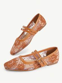 CUCCOO CHICEST Spring And Summer New Brown Lace Mesh Double Strip Flat Shoes Fashionable And Elegant Commuting Versatile Comfortable Breathable Women's Shoes - Fireworks net H8 brown - View 6
