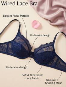 SHEIN 1pc Women's Lace Wireless Bra - Blue - View 5