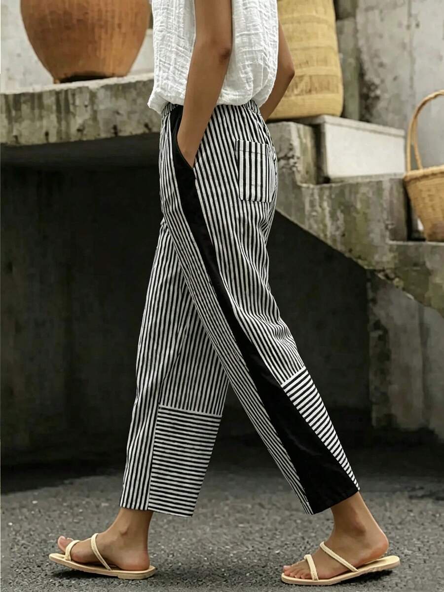 SHEIN LUNE CURVE Pantalones Blancos con Parches Talla Grande Casual Vacaciones Otoño Playa - Blanco y Negro - Ver 1