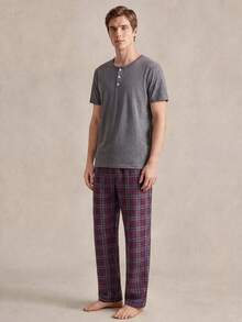 EverLounge Men's Solid Color Crew Neck Short Sleeve Top And Plaid Long Pants Casual Daily Homewear Set - Dark Grey - View 5