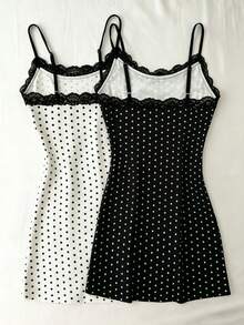 IslaSuriya 2pcs/Set Lace Trim Black & White Polka Dot Print Cami Dress - Black and White - View 2
