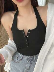DAZY 女款夏季休閒百搭純色露背掛脖上衣 - 黑色 - 查看 5