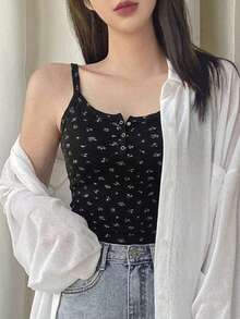 DAZY 女款夏季休閒碎花印花背心上衣 - 黑色 - 查看 5
