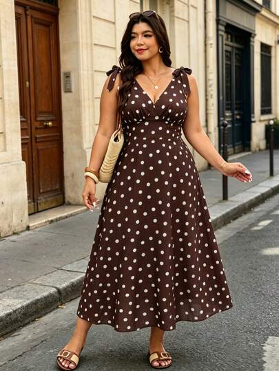 Modelyn Vestido casual de fiesta con cuello en V y lunares para mujer de talla grande