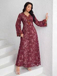 Al Najma 女款V領刺繡蕾絲粉色長袖優雅時尚喇叭袖花卉洋裝 - 酒紅色 - 查看 6