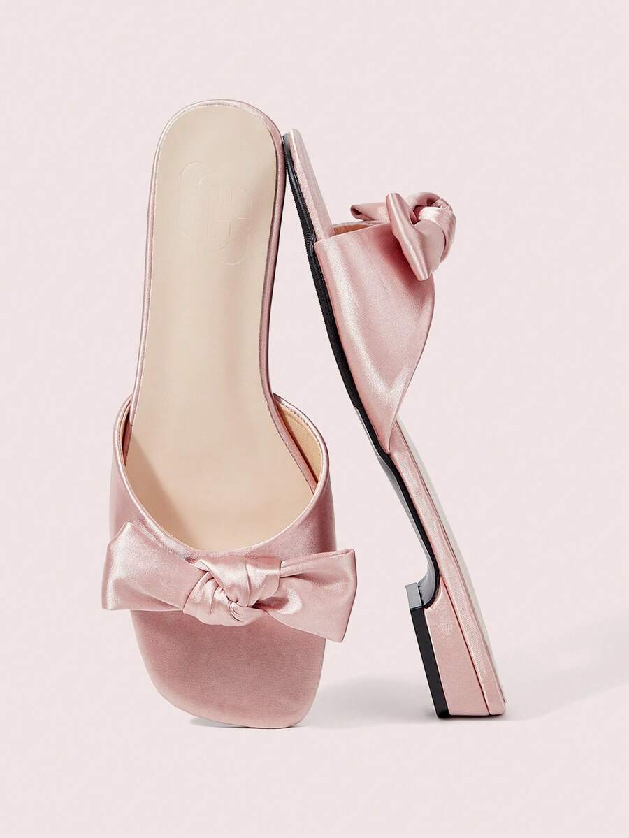 CUCCOO DOLLMOD Champagne Ribbon Bow Low Heels - Square Toe Slippers/Flats For Parties, Weddings Or Bridal Dress-Up Occasions Summer - Champagne - View 1