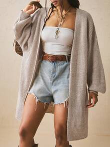 Freevana Women's Casual Soft Form Slouchy Stylelight Blue Color Open Front Long Sleeve Knit Cardigan-Loose Multi-Functional Sweater Autumn Formal Homewear - Apricot - View 3