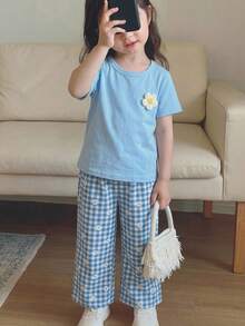 SHEIN Playful Pals 女婴休闲短袖T恤和裤子套装 - 藍色 - 查看 3