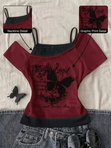 Teen Girls Casual Retro Print 2 In 1 Patchwork Short Sleeve T-Shirt - Burgundy - View 1