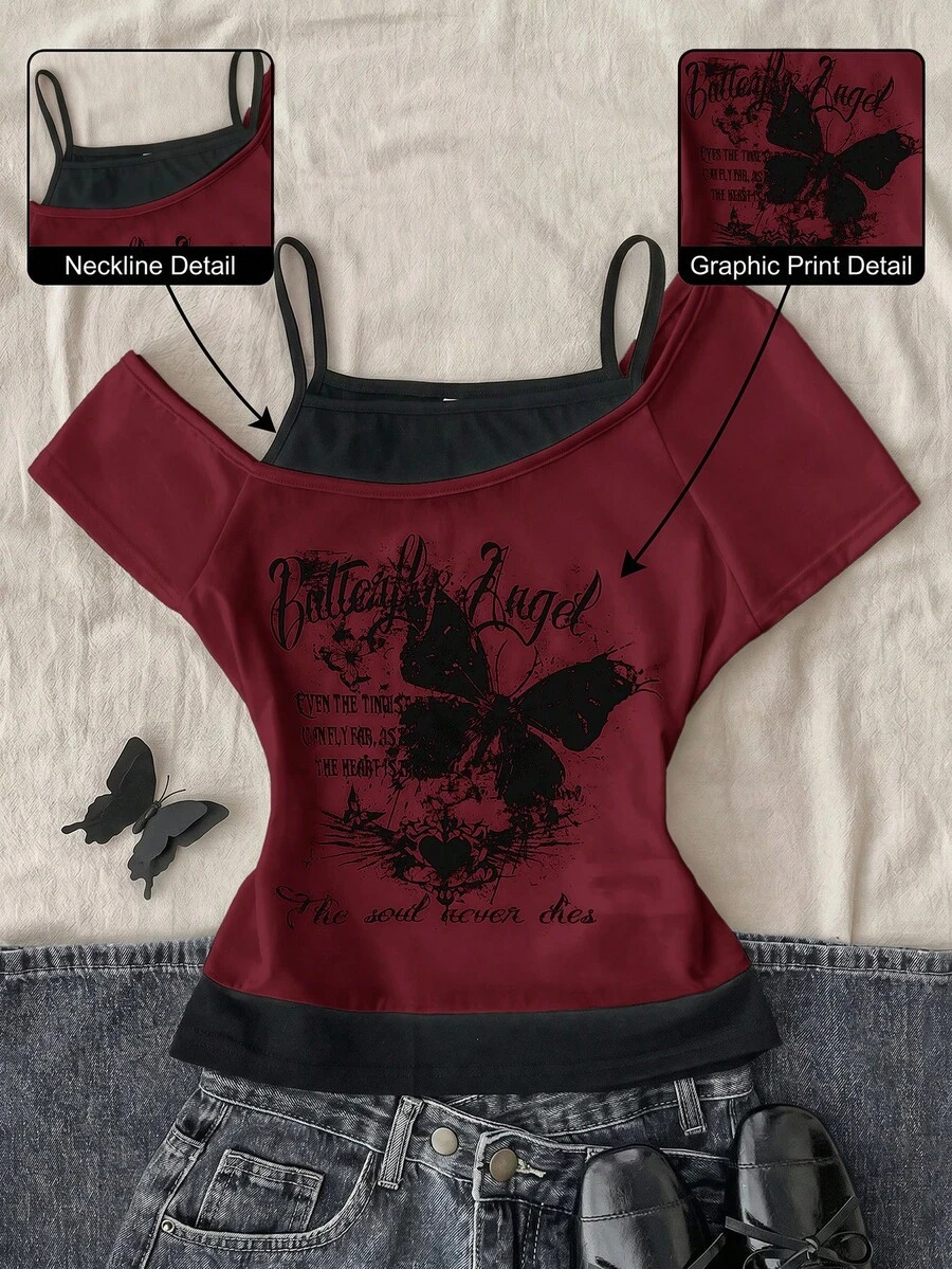 Teen Girls Casual Retro Print 2 In 1 Patchwork Short Sleeve T-Shirt - Burgundy - View 1
