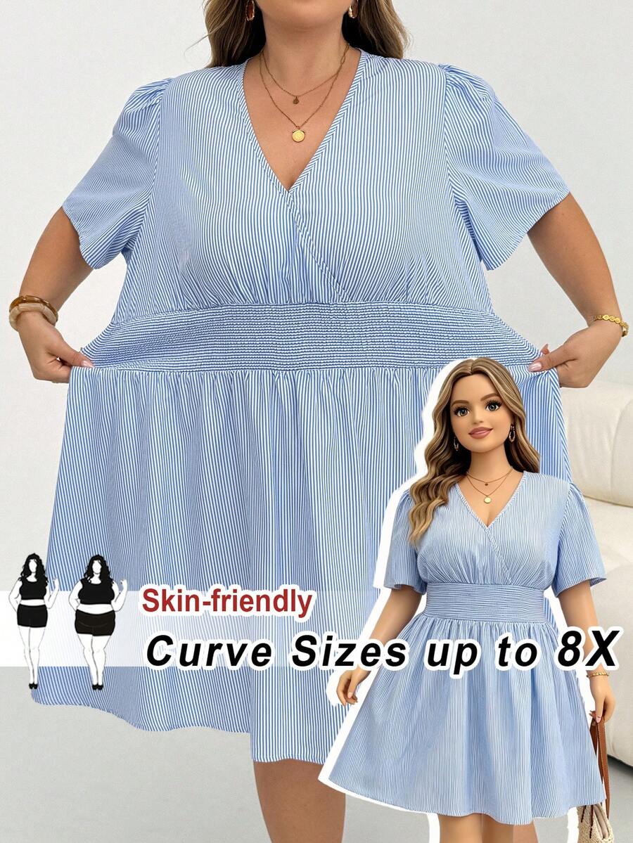 SHEIN CURVE+ Plus Size Vacation Casual Striped Dress Baby Blue Summer - Multicolor - View 1