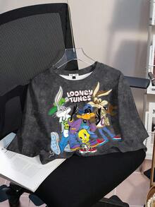 LOONEY TUNES X SHEIN Camiseta Feminina Cropped de Manga Curta com Estampa Gráfica Cartoon - Branco - View 3