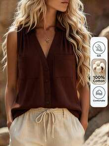 SHEIN Holidaya Women's Casual 100 Cotton V-Neck Sleeveless Blouse, Shades Of Brown, Summer, Boho, Holiday, Vacation, Top Elegant Party Wedding Guest Office - Brown - View 8