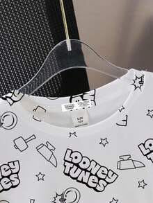LOONEY TUNES X SHEIN Camiseta de manga corta con cuello redondo y gráfico de letra y dibujo animado para niño preadolescente - Blanco - Ver 4