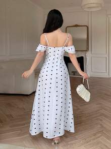 Celisse Polka Dot Ruffle Collar 3D Flower French Elegant Romantic Women's Long Dress Vacation White And Black Summer - White - View 2