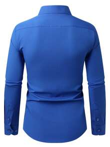 Manfinity Mode Camisa casual de manga larga de un solo pecho de unicolor para hombre, ceremonia - Neblina azul - Ver 2