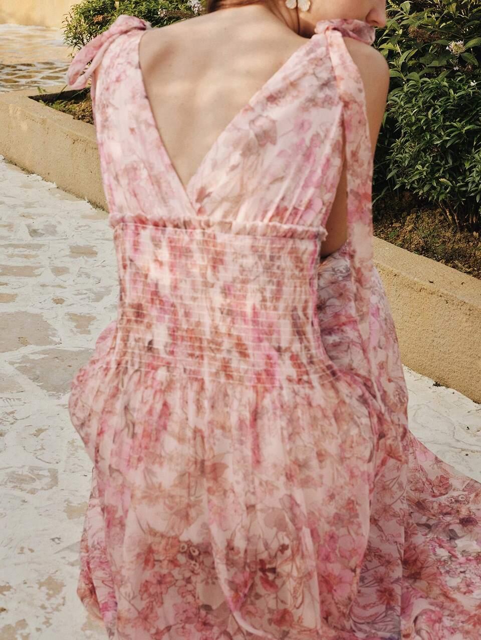 WOMEN'S FLORAL PRINT KNOT SHOULDER SHIRRED WAIST LONG DRESS