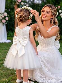 SHEIN Glamorique Kids Vestido elegante y encantador para niñas con encaje blanco, sin mangas, cintura ceñida, lazo decorativo, de doble capa de tul esponjoso y lujoso - Blanco - Ver 8