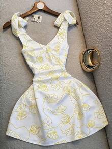 Franclia New Arrival Elegant Printed V-Neck Tie Waist Dress - Yellow - View 1
