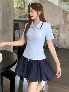 DAZY 蝴蝶結刺繡寬鬆短袖圓領女款T恤 - 藍色 - 查看 4