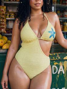 Swim Vcay Plus Size Women's Starfish Print Halter Neck Tie One Piece Swimsuit, Suitable For Beach Vacation, Pool Party, Beach Party Butter Yellow Summer - Yellow - View 4