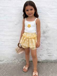 Emery Rose Kids Emery Rose Kids 少女 3D 花朵裝飾細肩帶上衣與格紋裙褲可愛套裝 - 黃色 - 查看 3
