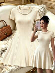 Elenzga Apricot Pearl Round Neck Short Sleeve Ribbed Cinched Waist A-Line Women's Short Dress - Apricot - View 3