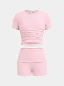 Setelan Pullover Rajut Kasual Abu-abu Polos untuk Remaja Perempuan + Celana Pendek Abu-abu, Pakaian Musim Panas, Gaya Dasar, Gaya Kasual, Gaya Sporty - Berwarna merah muda - View 4