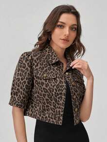 SHEIN EZwear 女士豹纹纽扣牛仔夹克 - 咖啡棕 - 查看 3