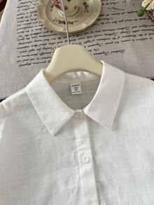 SHEIN 青少年女孩休閒日常時尚復古純白色短袖襯衫 - 白色 - 查看 3