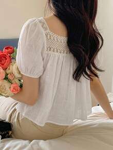 DAZY Blus Lengan Mengembang Warna Polos Kasual Musim Panas - Aprikot - View 3