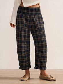 Bohemela Autumn Vacation Outfits, Women's Casual Vintage Woven Plaid Print Women's Long Pants, Daily Picnic Wear, Country Concert Outfit Navy - Multicolor - View 4