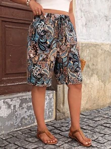 EMERY ROSE Plus Size Casual Waist Print Drawstring Vacation Shorts With Pockets  Black And Gold Summer Holiday Outfits For Women Urlaub Shorts - Multicolor - View 8