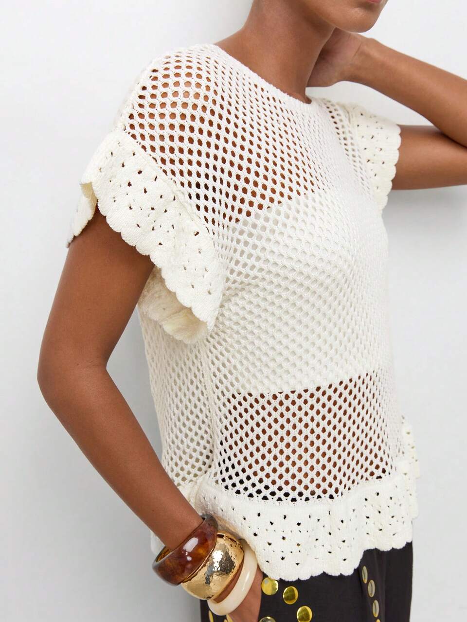 SHEIN Maija Women's Round Neck Hollow Out Sheer Crochet Short Sleeve Ruffle Hem Knit Top, Vintage Old Money Teacher Style Romantic Fashion Versatile Summer Party Blouse Beach Vacation Outing Graduation Ceremony Elegant Casual Formal Work Office Shirt