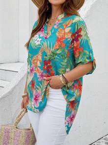 EMERY ROSE Plus Size Summer Floral Print Notch Neck Roll Sleeve Shirt Women Blouses Tropical Tops Beach Shirts For Hawaiian - Mint Green - View 5