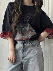 FRIFUL 女款休閒寬鬆字母印花蕾絲拼接短袖T恤，透氣棉混紡，春夏百搭圖案T恤 - 黑色 - 查看 4