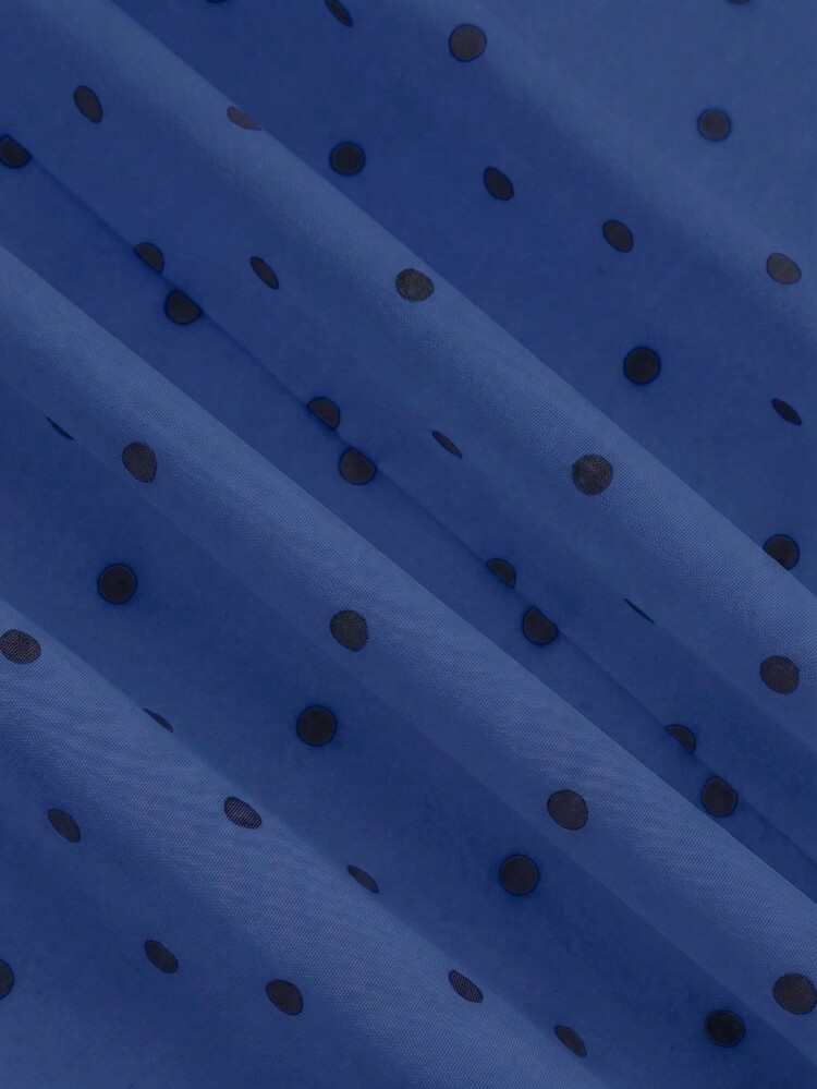 Franclia Light Gray Commuter Set, Sleeveless High Neck Top With Polka Dot Skirt. Simple Slim Fit, Highlighting Waistline. Fabric Is Draping And Soft, Bow On Top And Even Polka Dots On Skirt Reflect Fine Craftsmanship, Style Is Simple And Elegant - Royal Blue - View 5