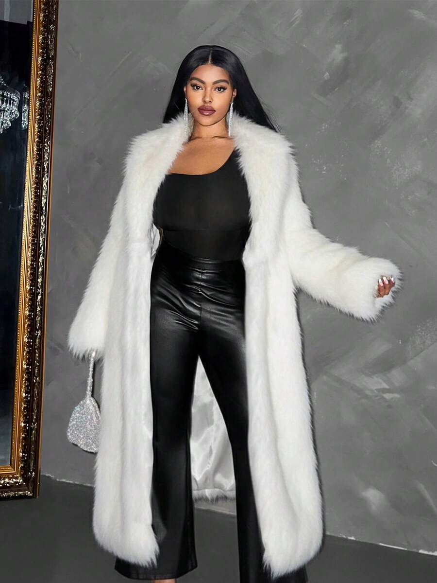 Maweii Women's Faux Fur Long Coat, Winter Furry Jacket - White - View 1