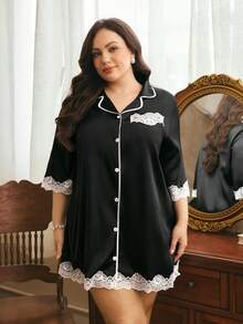 Côtesoire Southern French Elegant Mature Casual Contrast Color Lace Satin Open Front Plus Size Nightgown - Black - View 6